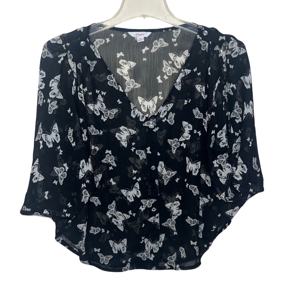 Candie’s Top Semi Sheer Short Sleeved Black Vneck with Butterflies Size Medium